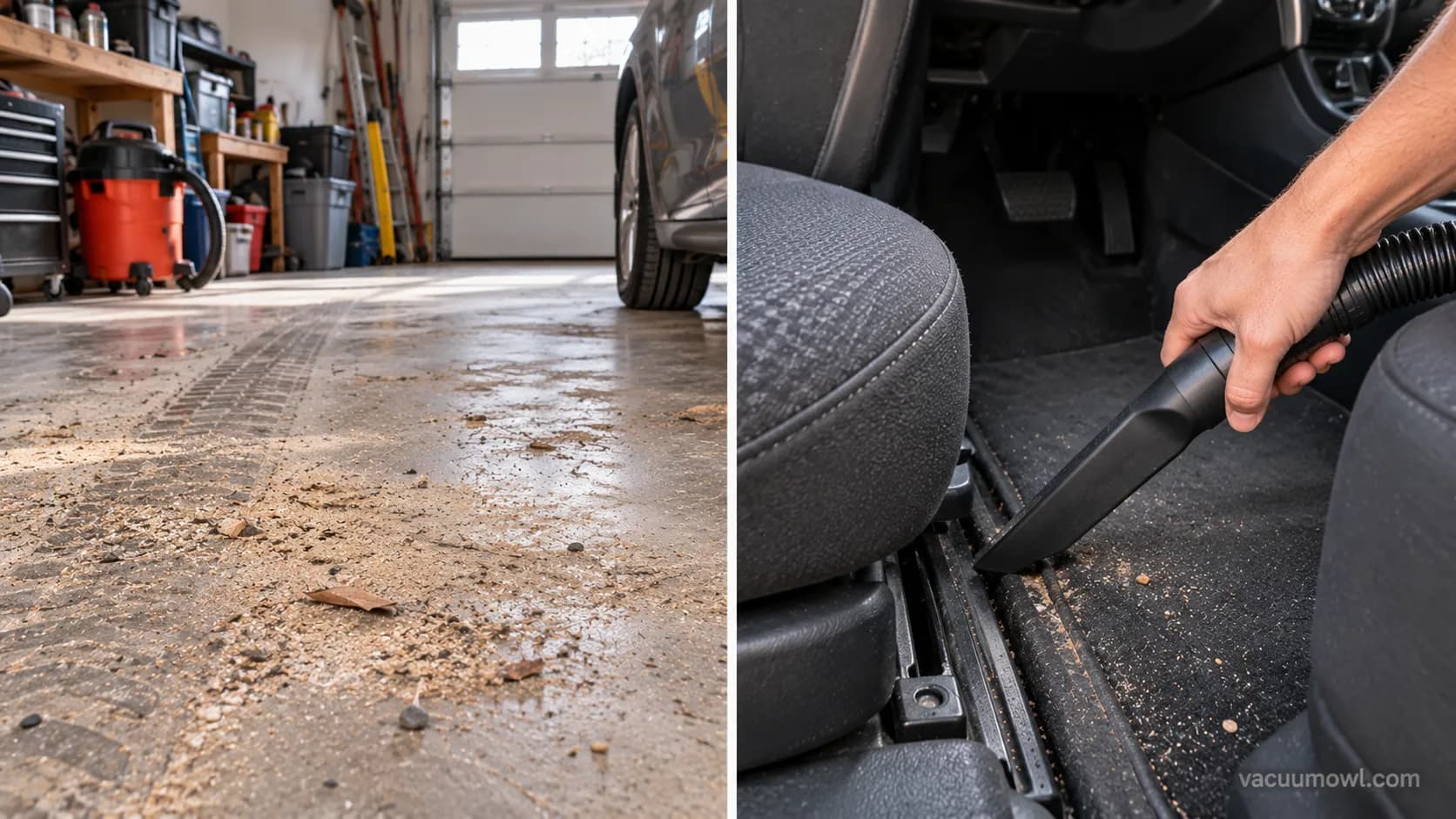 Dusty garage floor before cleaning and a hand using a crevice tool in a car footwell