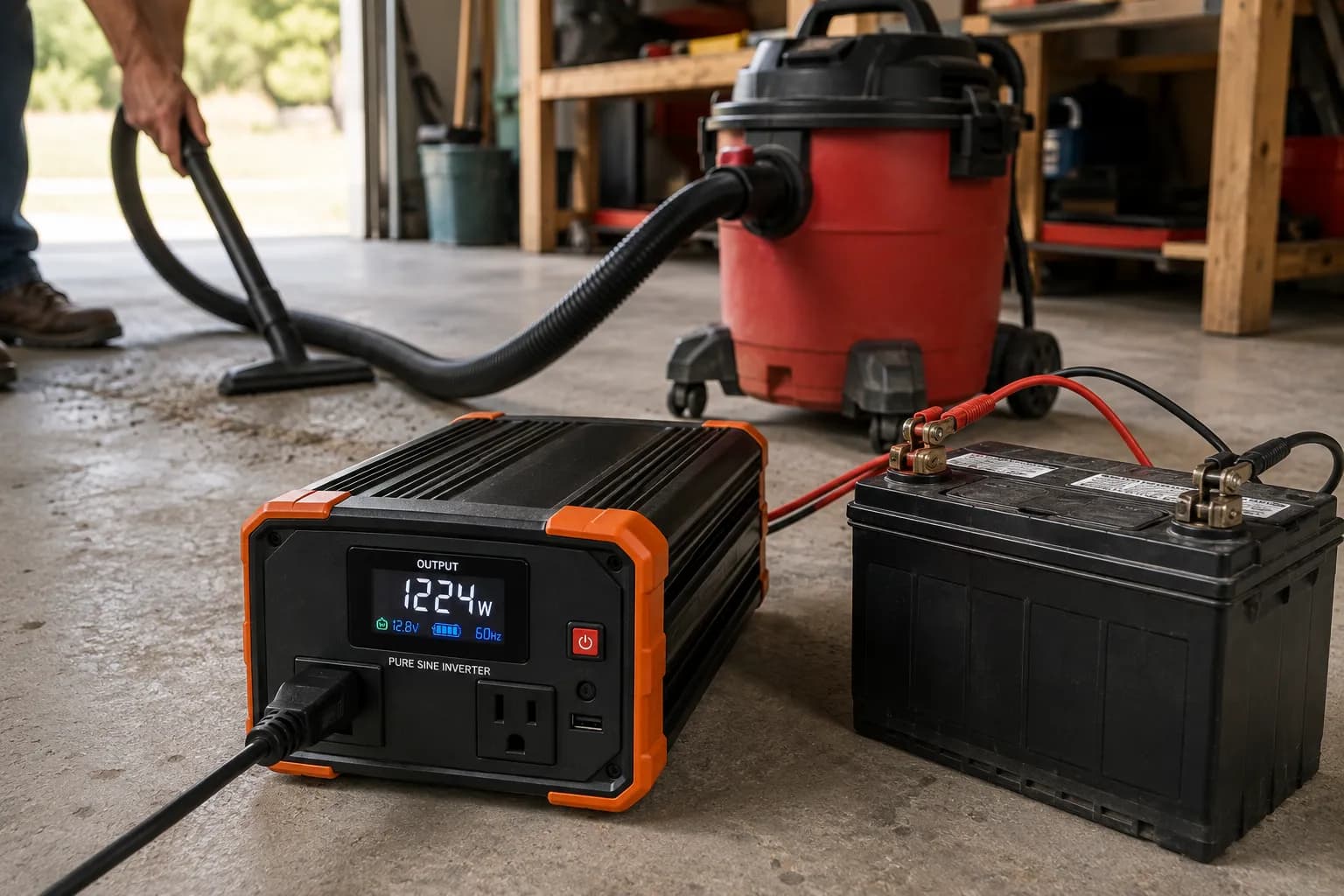 Shop vac running off a portable pure-sine inverter showing output wattage