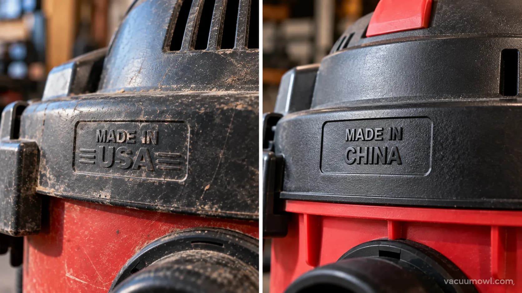 Made in labels on an older versus a newer Shop-Vac unit.