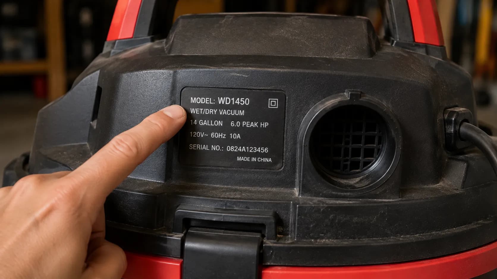 Shop vac model and serial number plate near the rear blower port, with a finger pointing to the number.