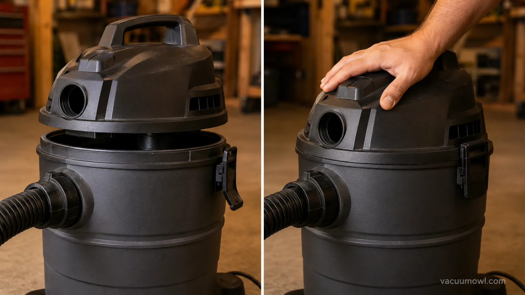Shop vac motor head shown unseated with a gap, then latched flush during assembly.