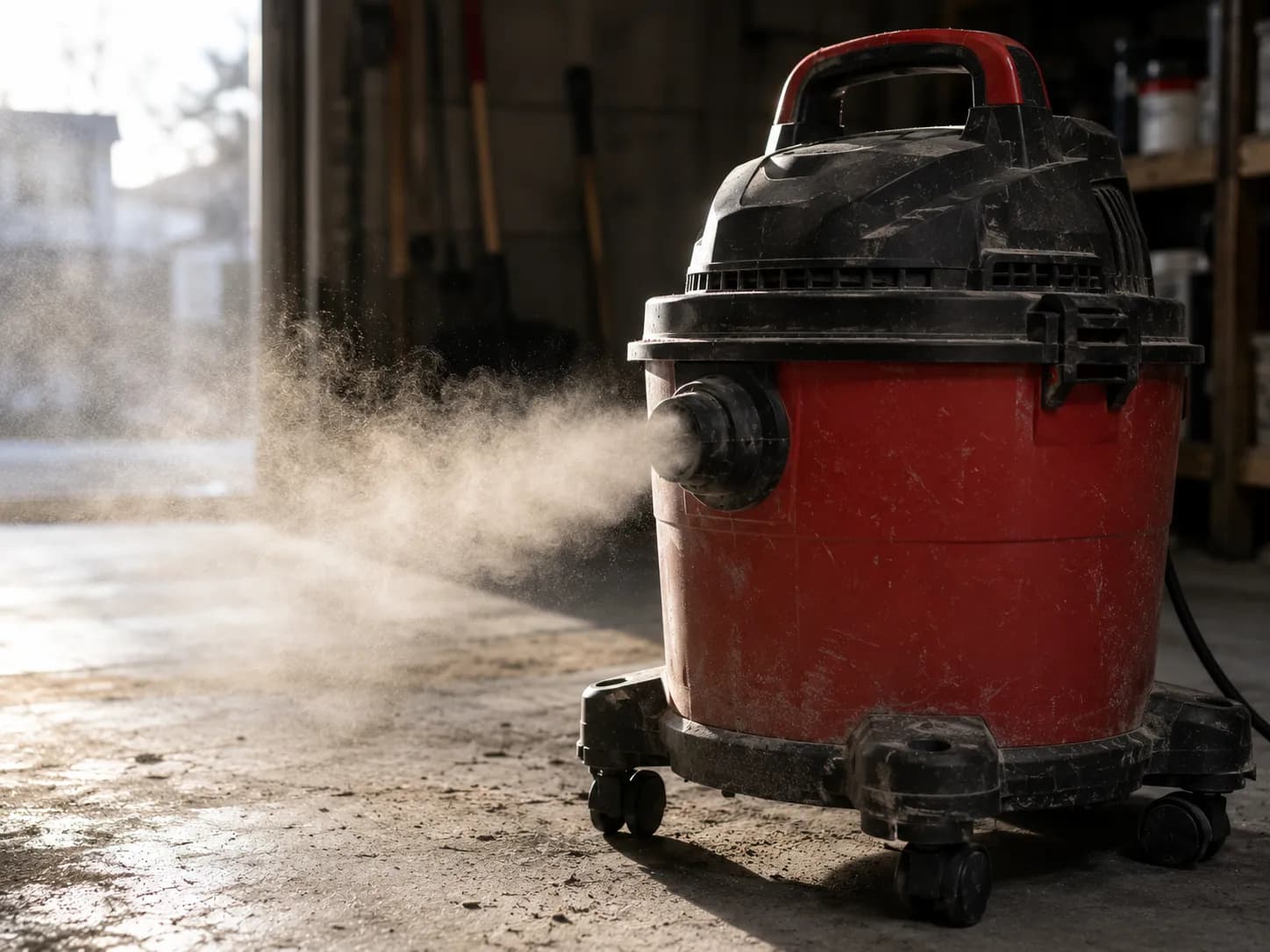 Dust blowing from a shop vac exhaust when the vacuum runs without a filter.