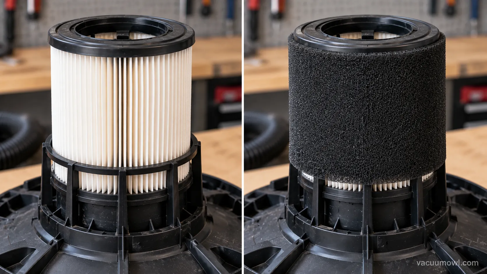 Paper cartridge and foam sleeve compared on a shop vac filter cage.