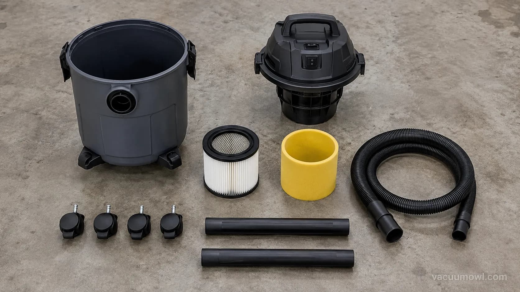 Shop vac parts laid out for assembly: motor head, casters, cartridge and foam filters, hose, and wands.