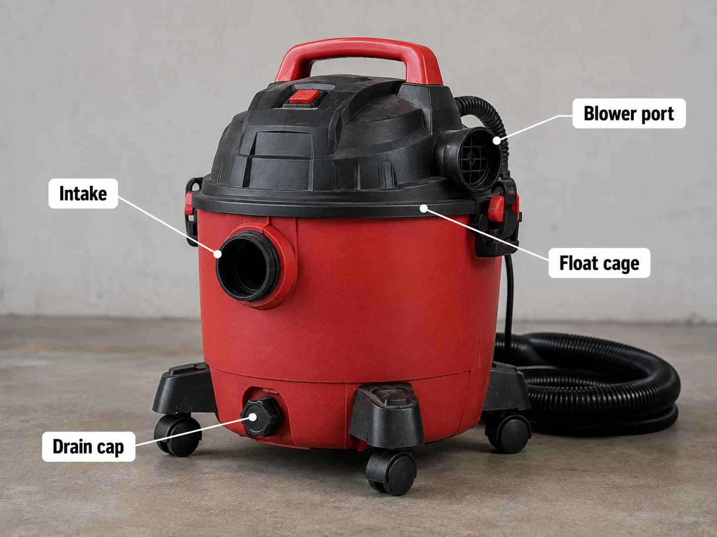 labelled shop vac showing intake, blower port and drain cap