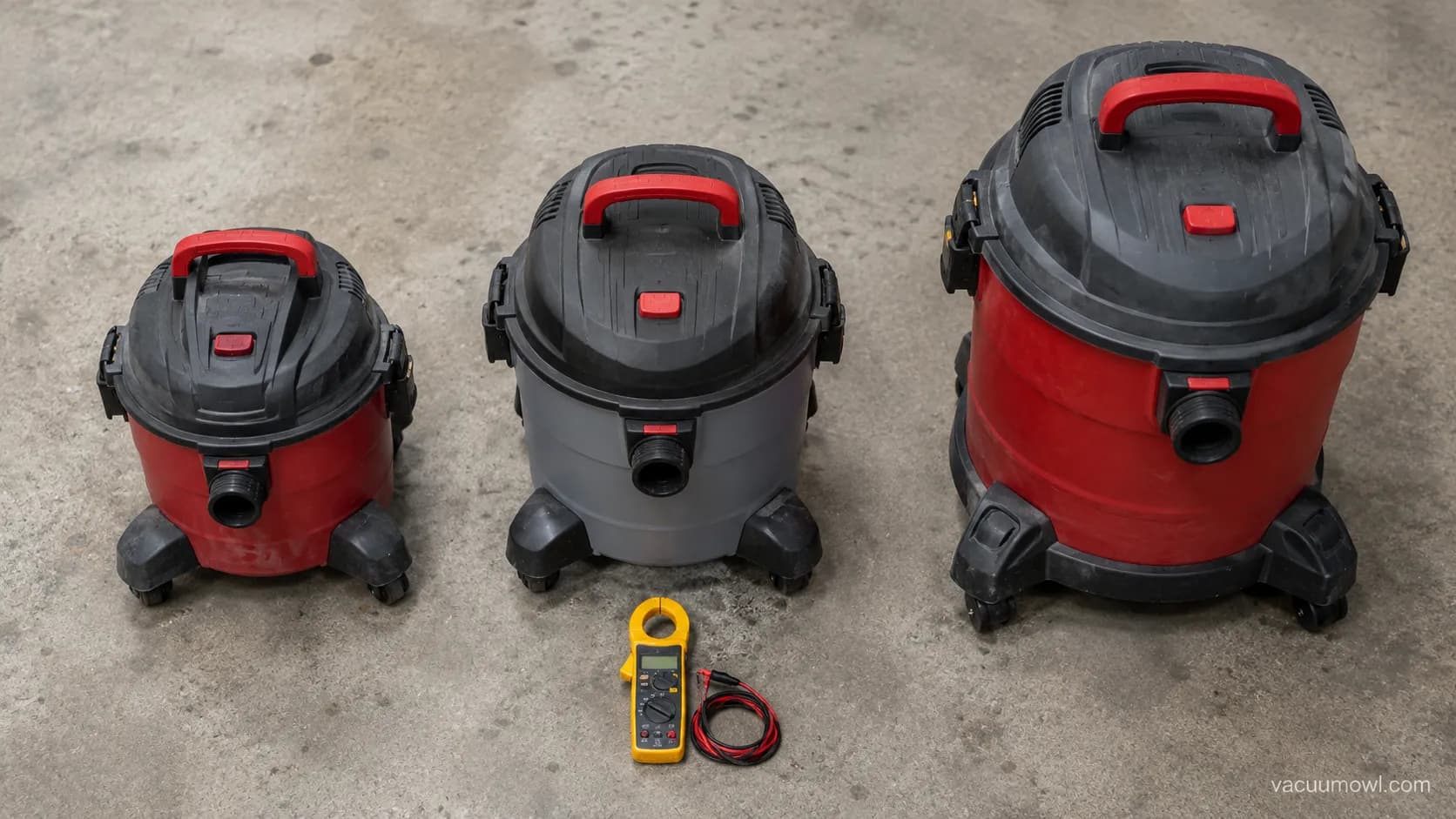 Three shop vacs of different sizes lined up for an amp draw comparison