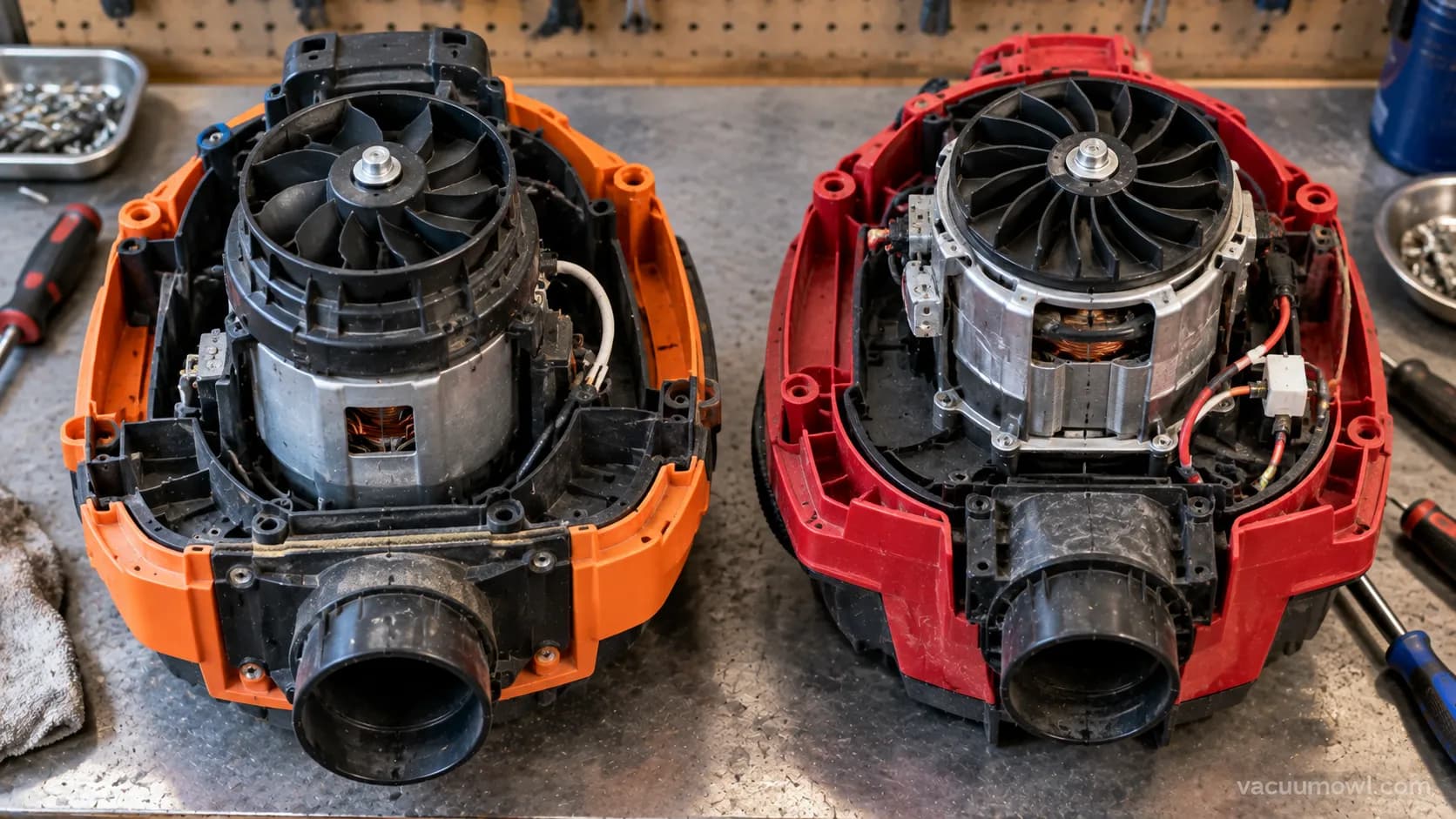 RIDGID and Milwaukee shop vac powerheads compared side by side.