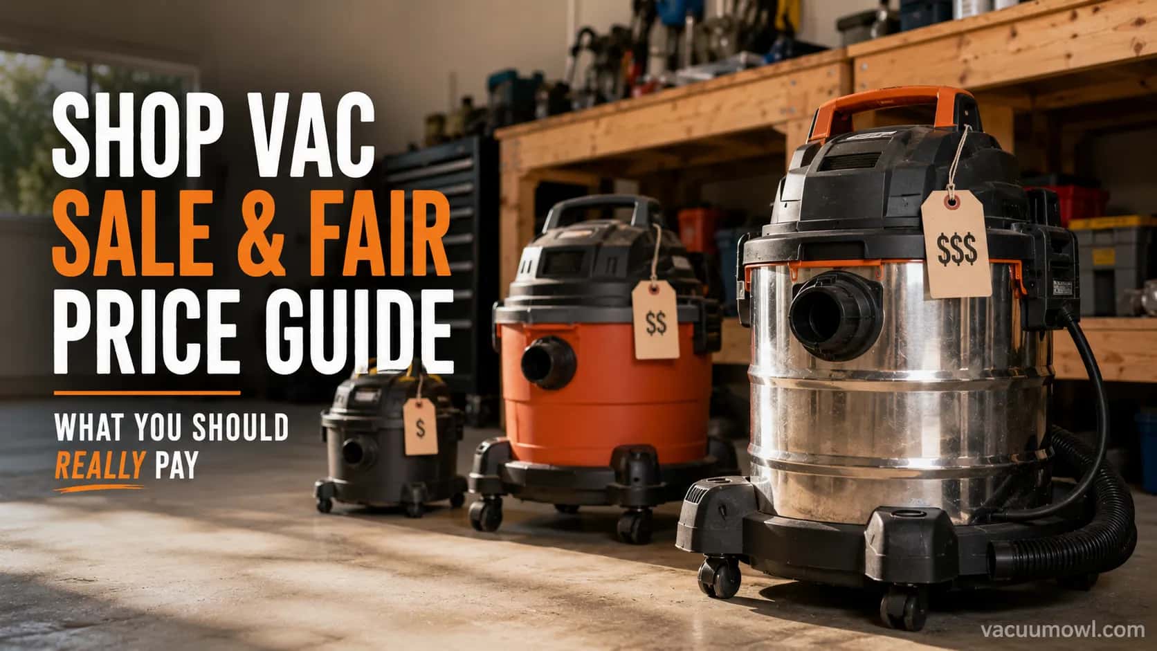 Shop vac sale fair price guide showing three wet/dry vacuums compared by size and price