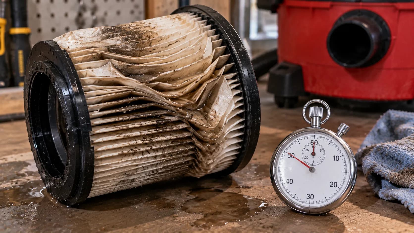 Soaked shop vac cartridge that caused motor cutoff in under a minute.