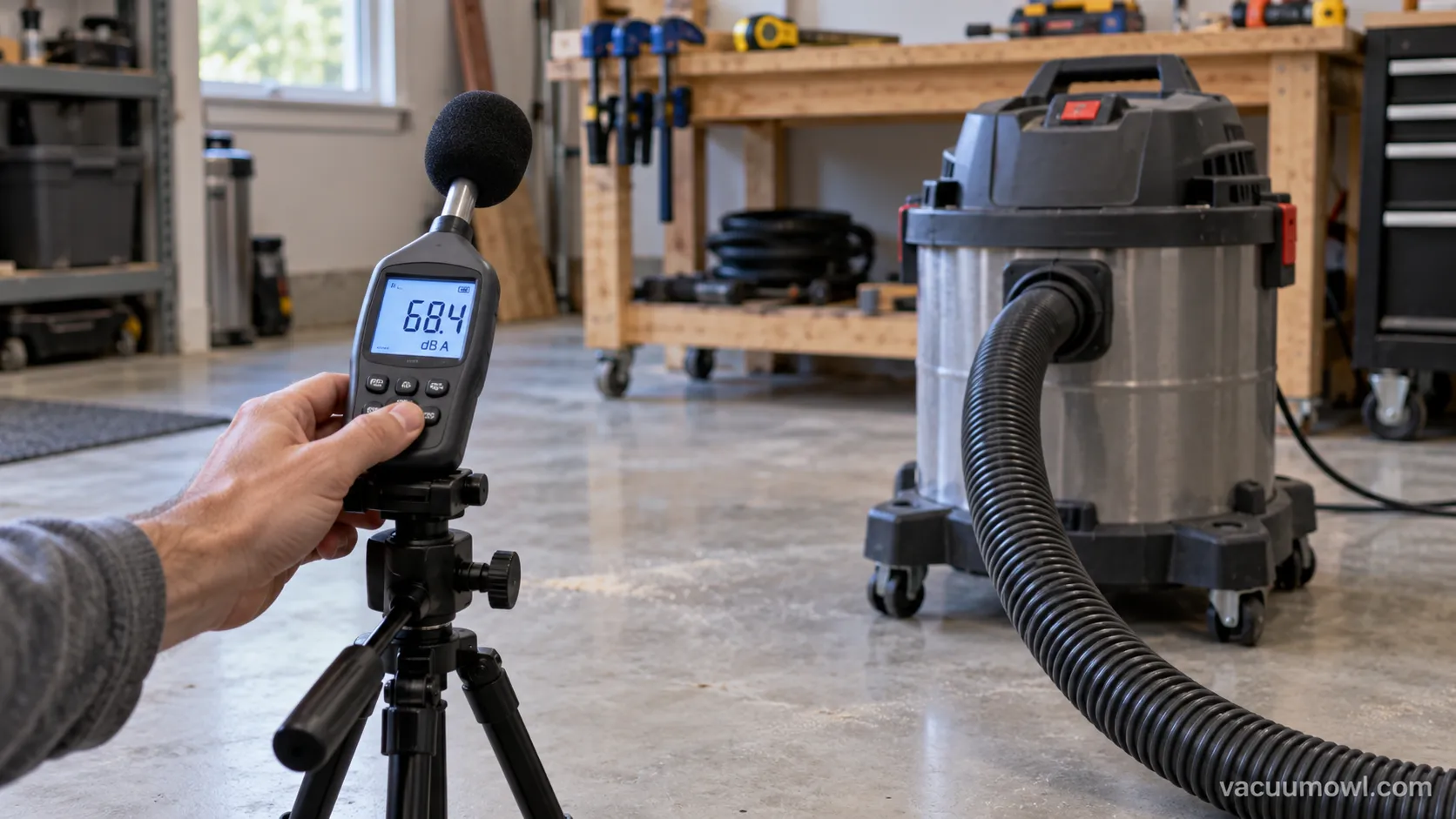 Sound meter reading the decibel level of a shop vac three feet from the intake.