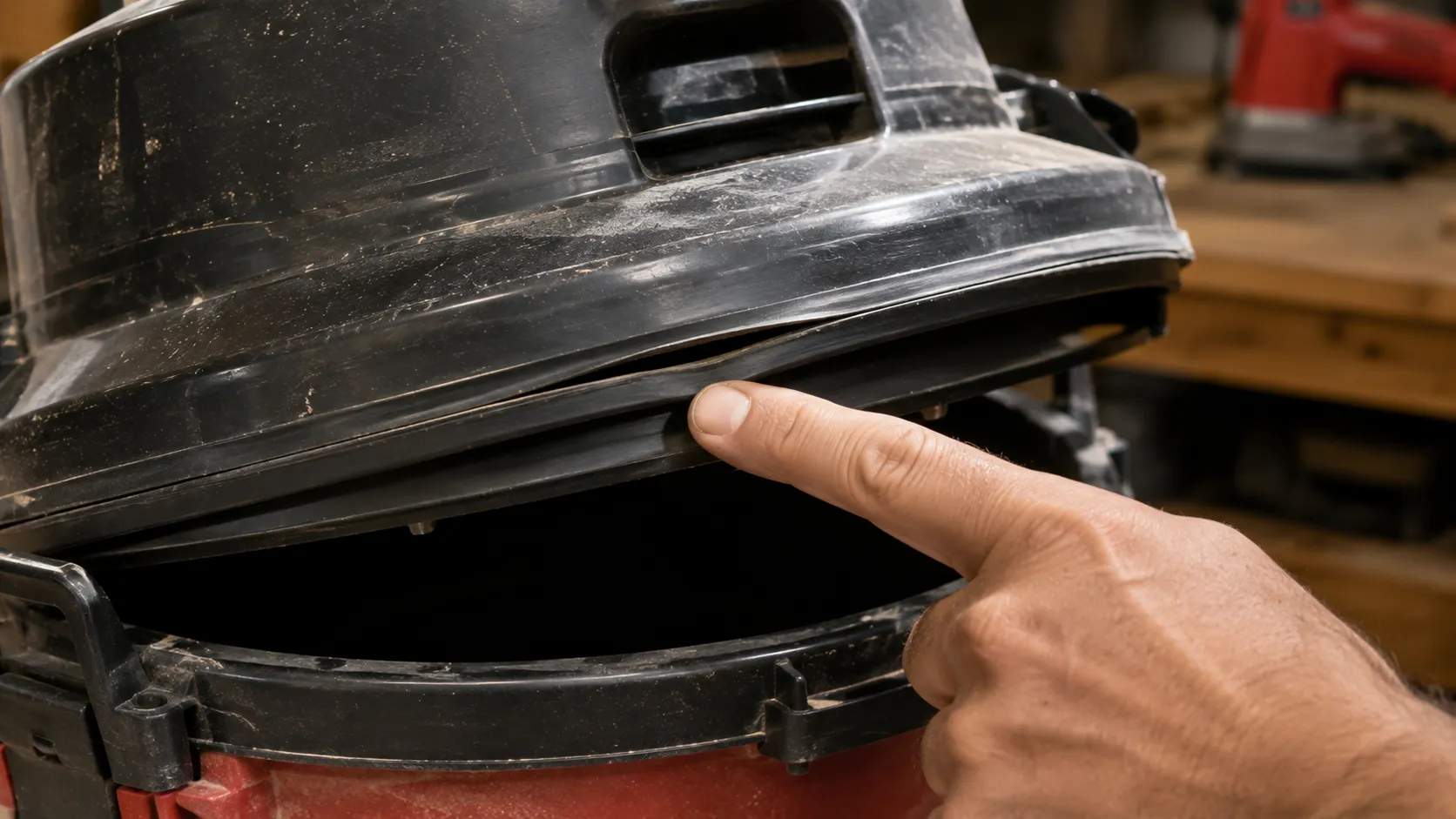 shifted lid gasket causing shop vac suction loss during dust collection.