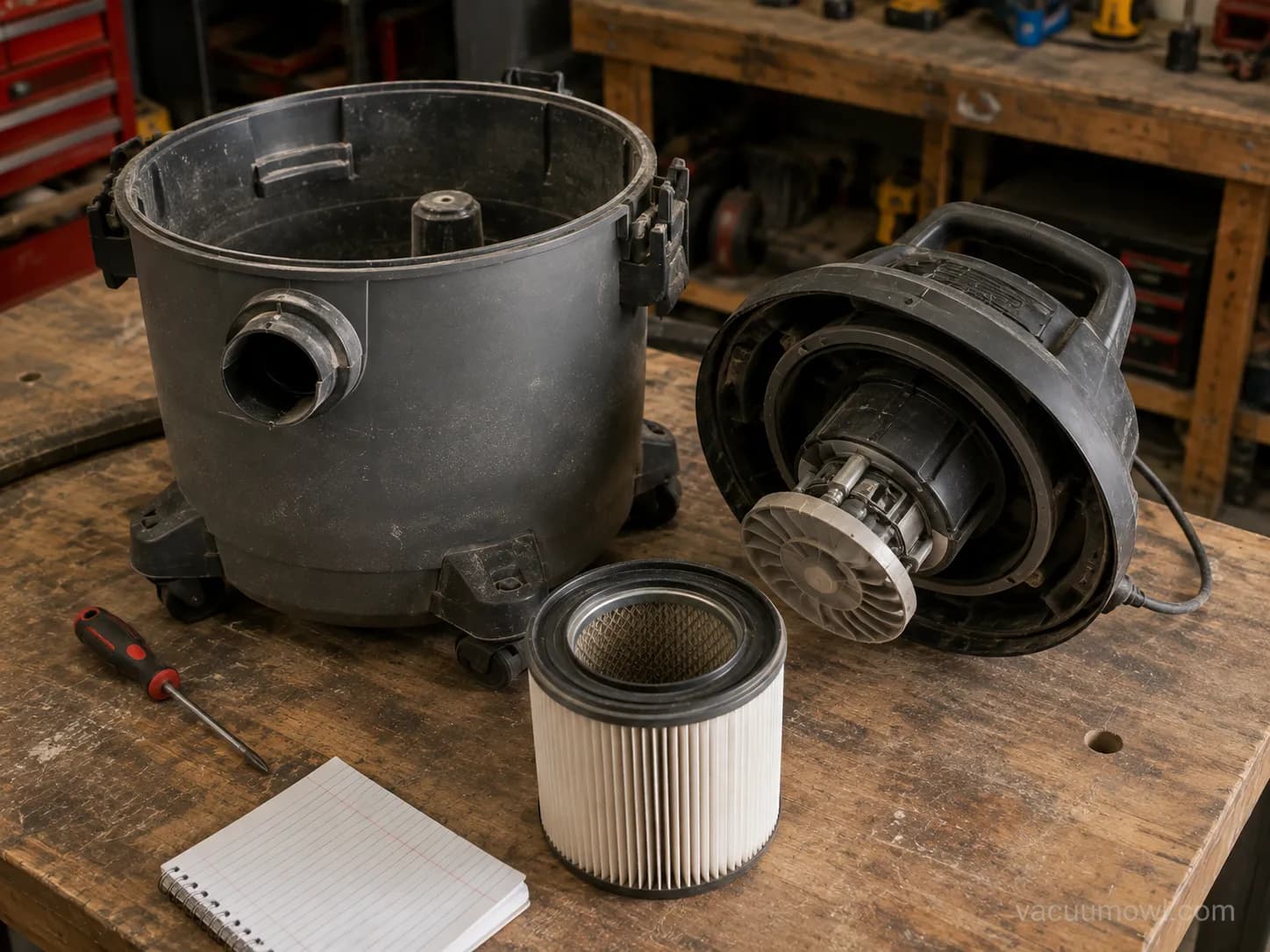 A shop vac opened on a workbench with the filter removed showing the motor housing.