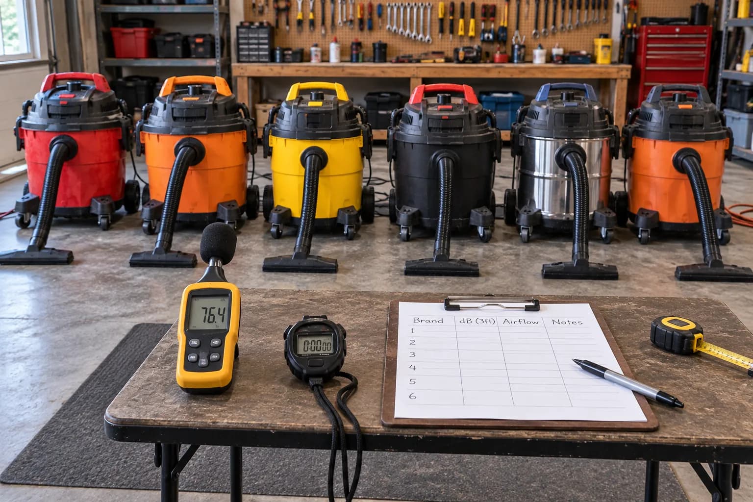 Shop vac test bench with decibel meter measuring noise at three feet