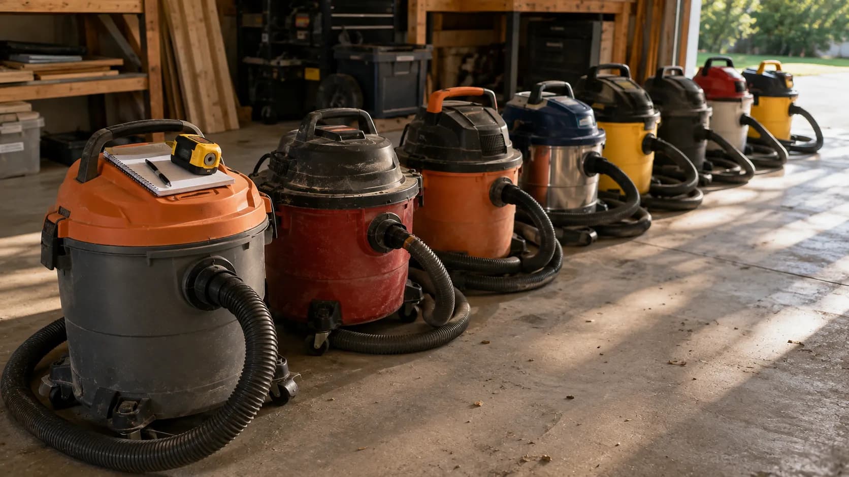 Eight wet/dry shop vacuums lined up on a garage floor for testing.