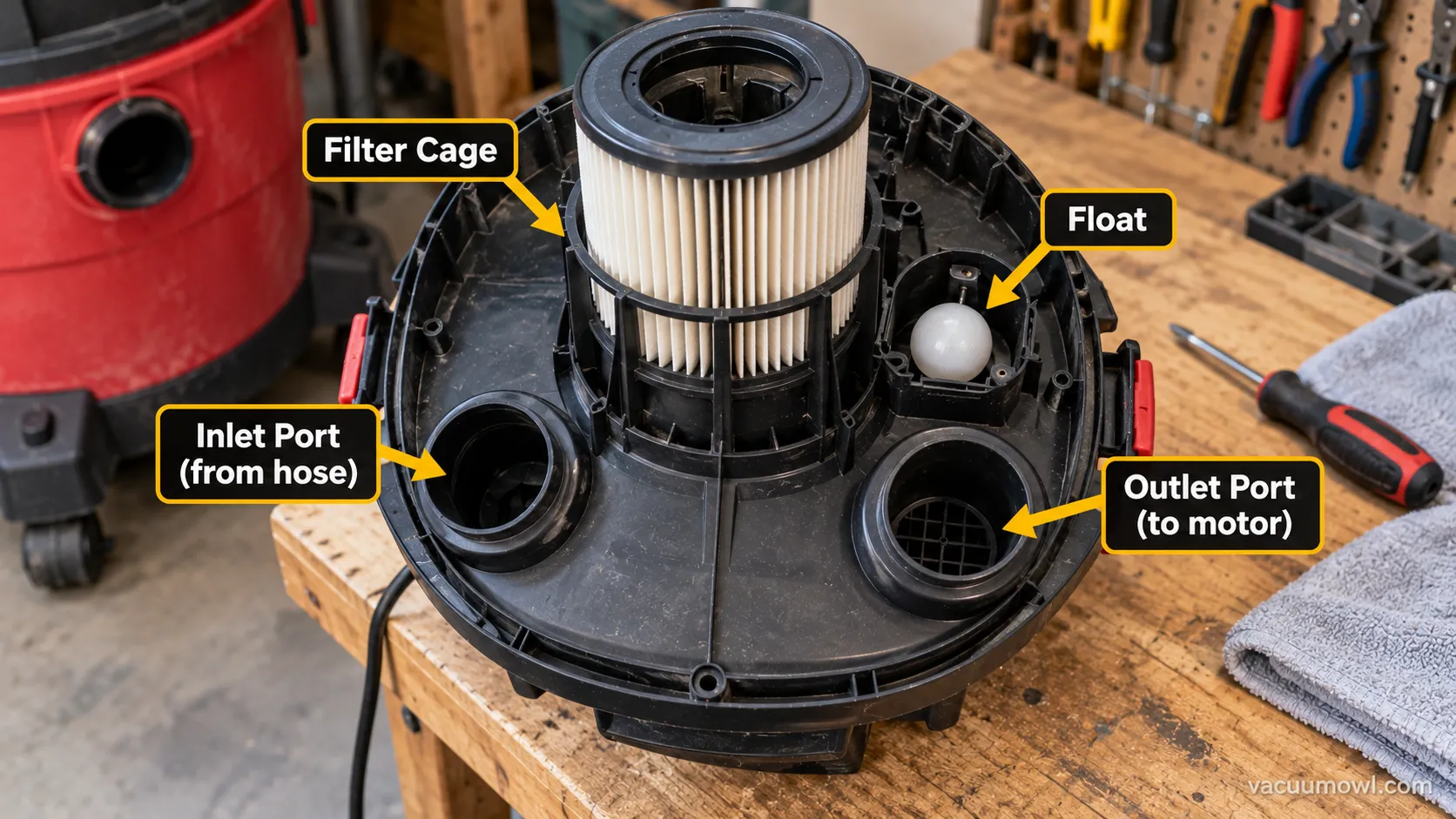 Labeled shop vac head showing the two holes, the float, and the filter cage.