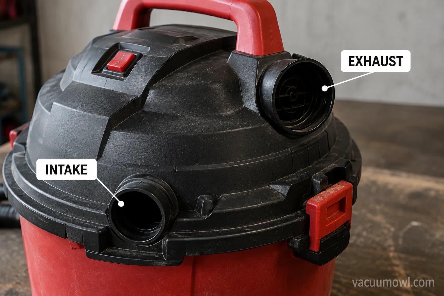 shop vac intake and blower port labelled on a real unit