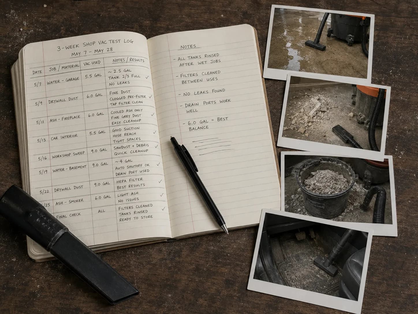 A test log with photos of water, drywall dust, and ash cleanup jobs.