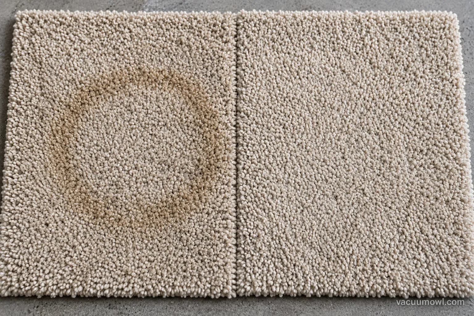 Two carpet zones a day after cleaning, one with a faint returned ring and one clean.