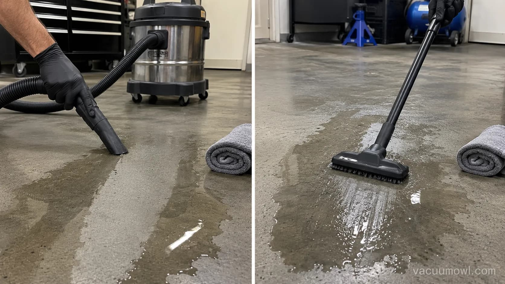 shop vac clearing a water spill next to a floor washer struggling on the same puddle.