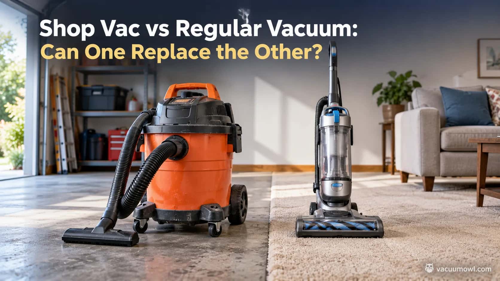 shop vac vs regular vacuum standing on split garage concrete and carpet floor