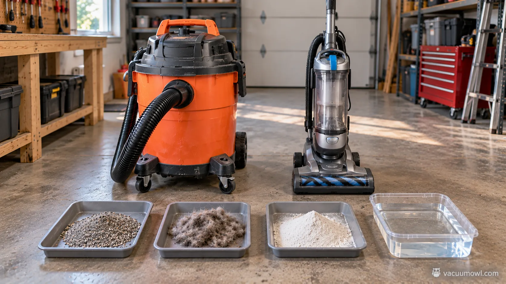 shop vac and regular vacuum beside carpet grit pet hair dust and water before testing