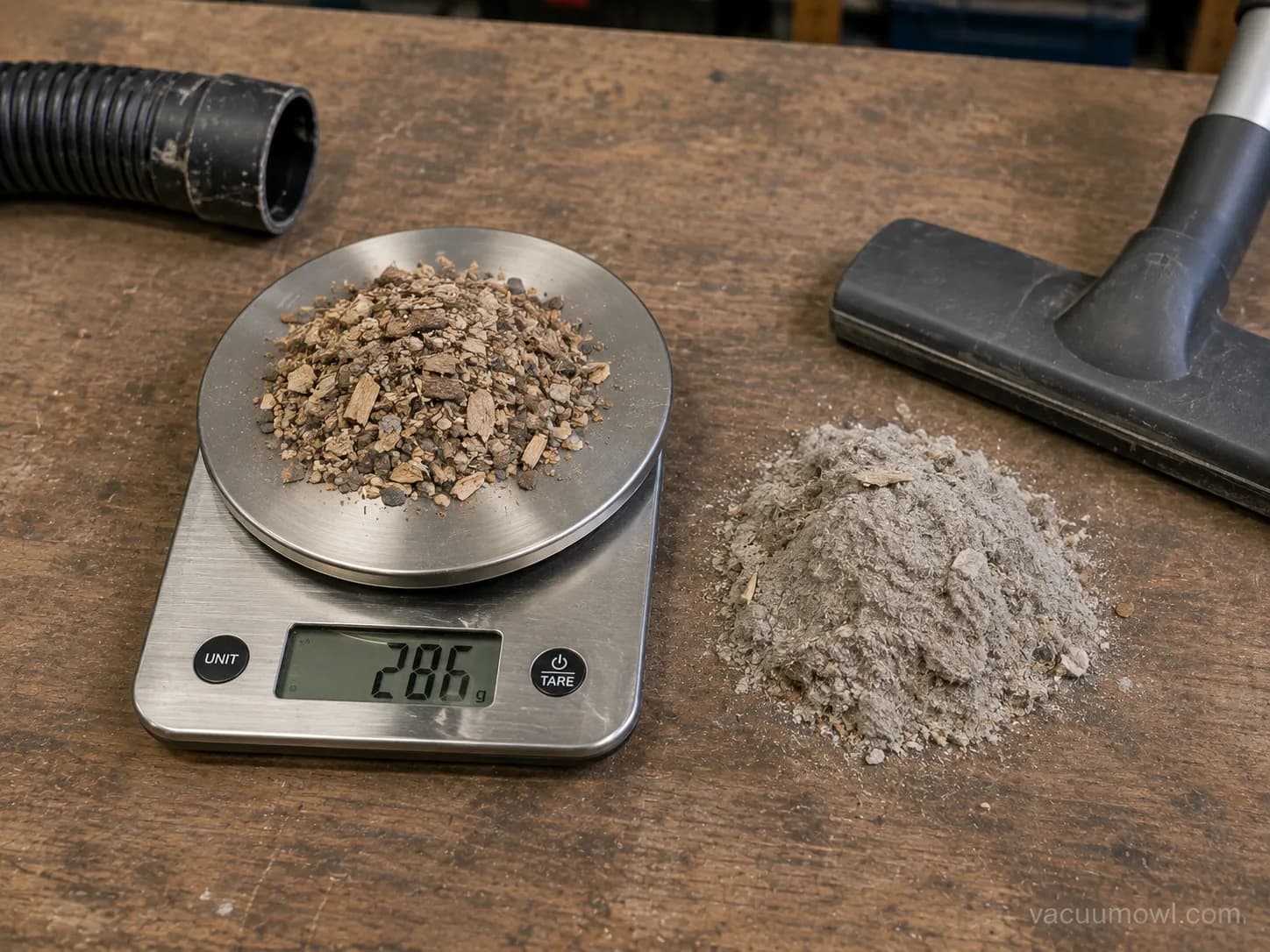 Debris from a shop vac and a household vacuum weighed on a kitchen scale.