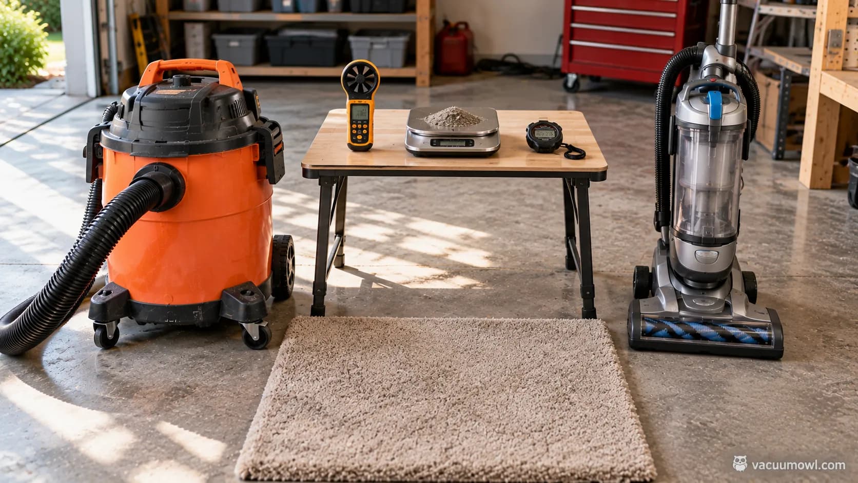 shop vac and regular vacuum test bench with anemometer scale and carpet section
