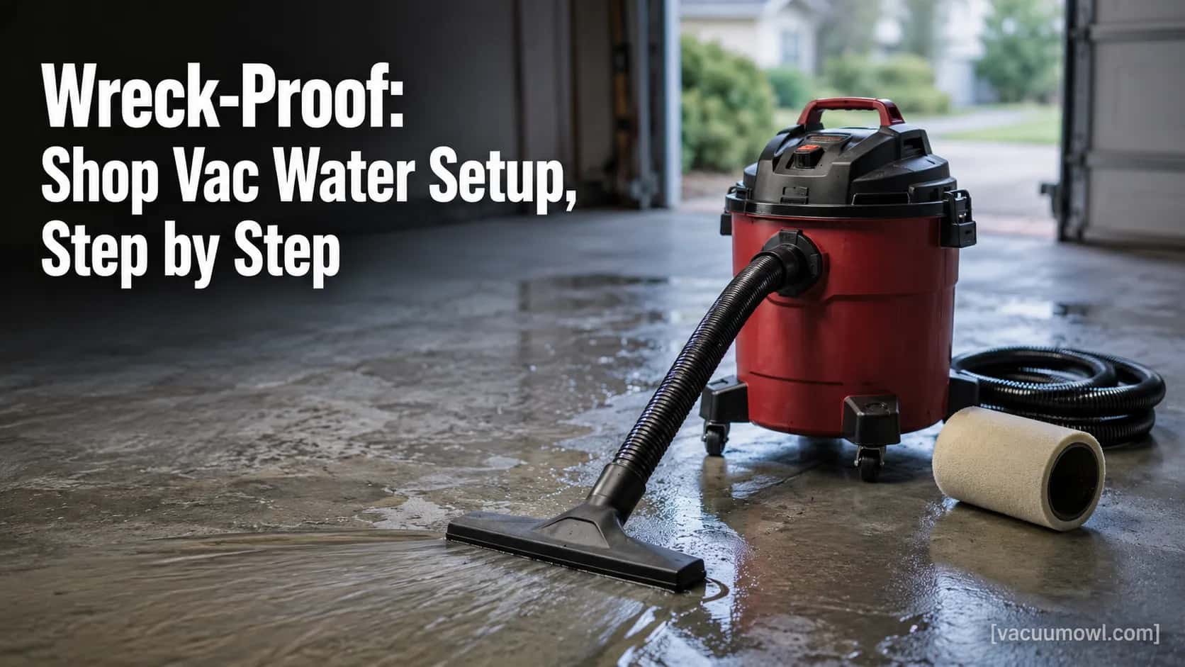 shop vac pulling a sheet of standing water off a garage floor with a foam filter sleeve nearby