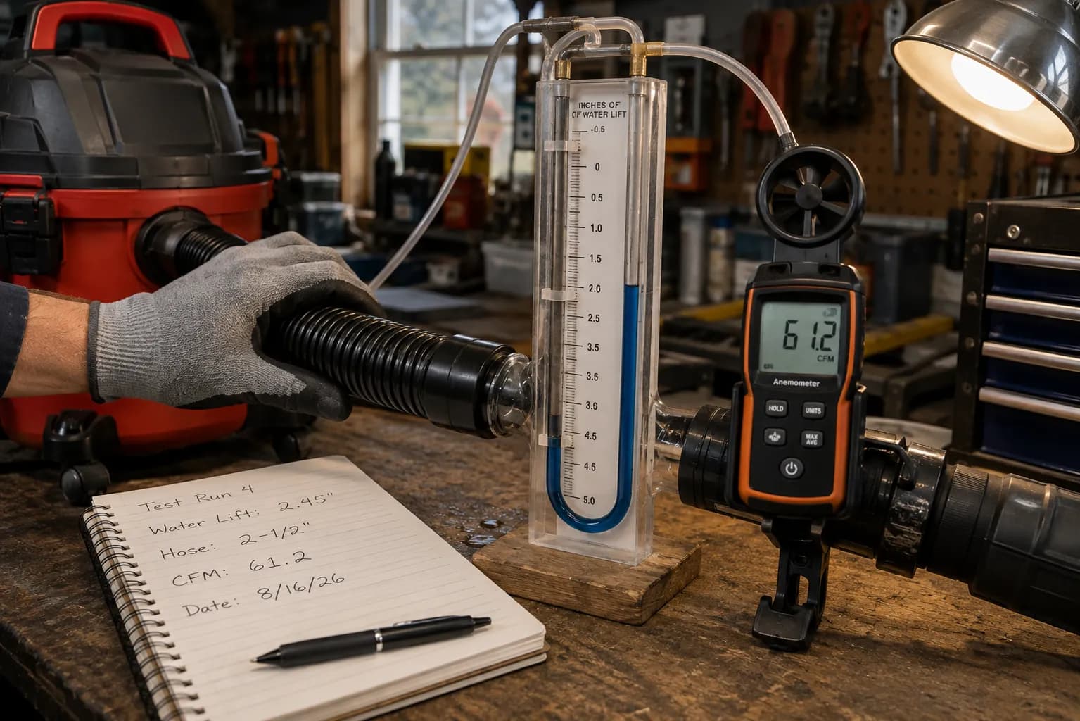 shop vac hose connected to a water-lift manometer and anemometer during testing.