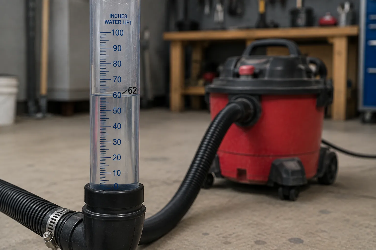 Water-lift gauge reading 62 inches on a running shop vac hose