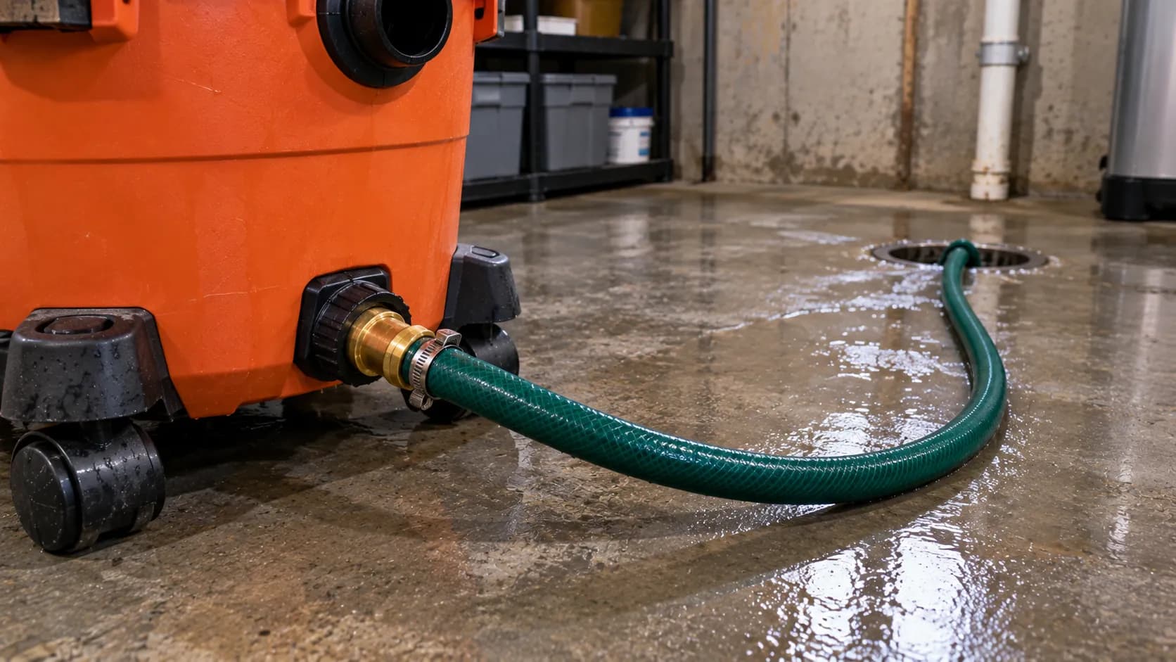 Shop vac drain port with a hose adapter routed downhill toward a basement floor drain