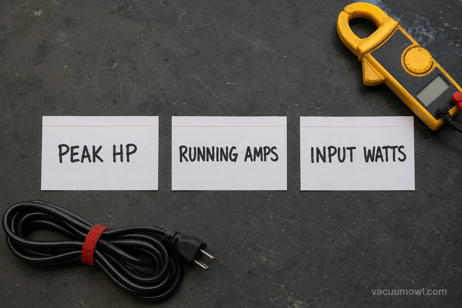 Three cards comparing peak HP, running amps, and input watts on a shop vac