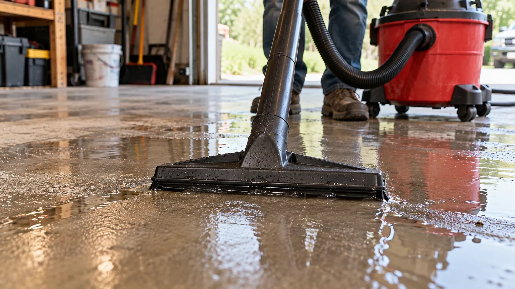 Using a flat nozzle to vacuum water with a shop vac.