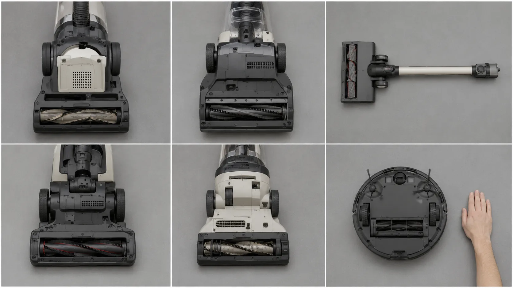 Documentary-style grid showing the undersides of six vacuum cleaners, including four upright models, one cordless stick vacuum and one robot vacuum, with a hand placed beside one machine for scale.