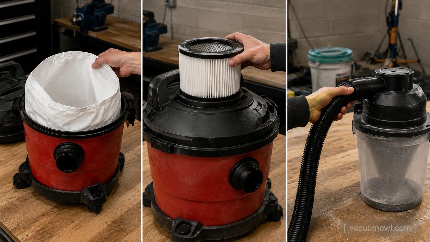 Three-step sequence fitting a bag, HEPA cartridge, and cyclone hose to a shop vac for drywall dust.
