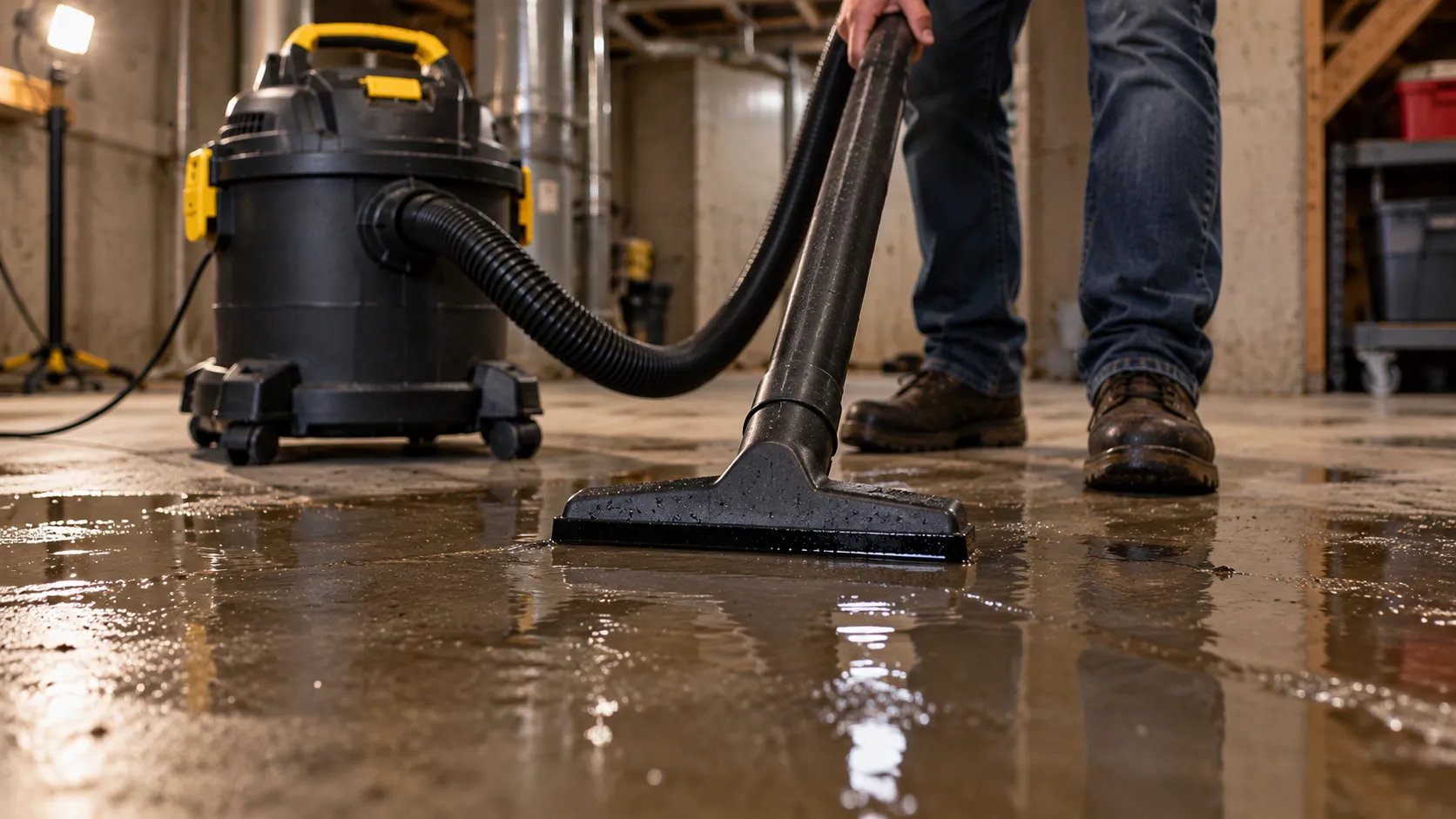 Stanley 12-gallon wet/dry vac picking up basement water.