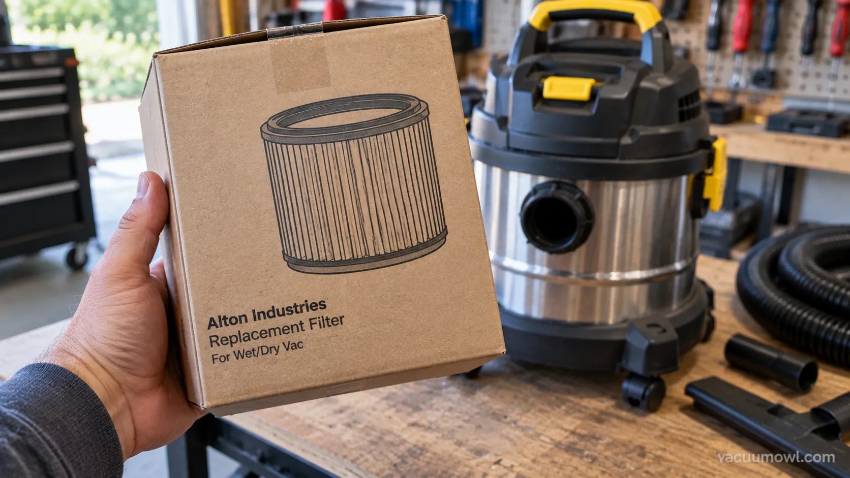 Alton Industries replacement filter carton for a Stanley wet/dry vac held in hand.