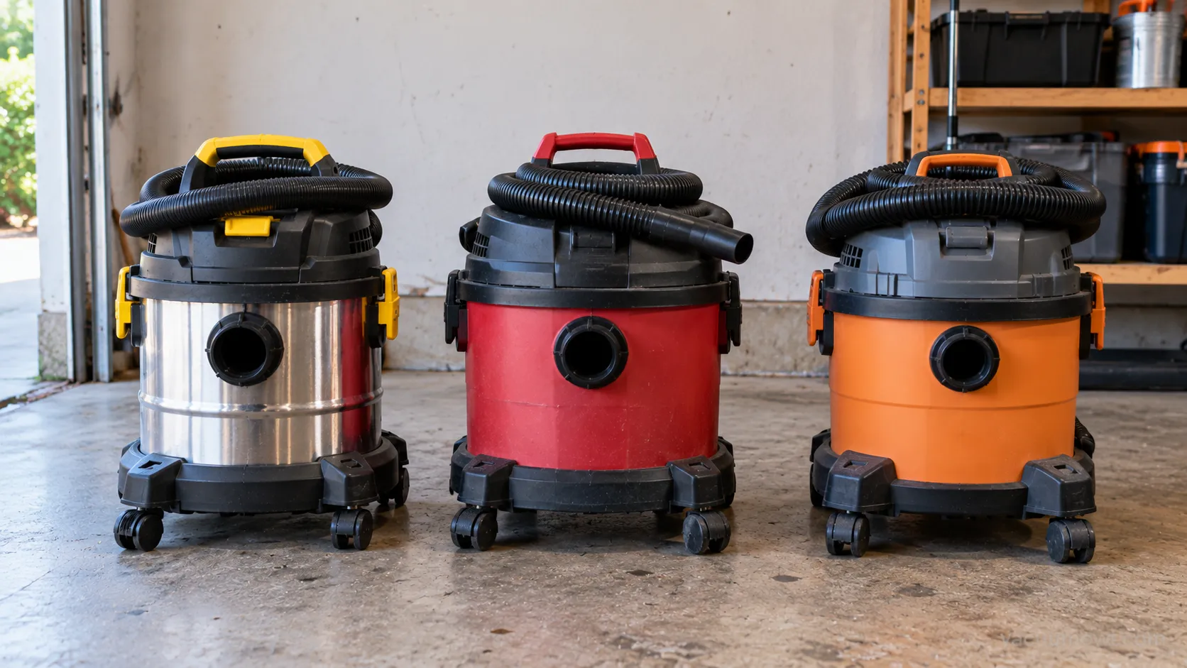 Stanley, Bauer, and Vacmaster shop vacs compared side by side.