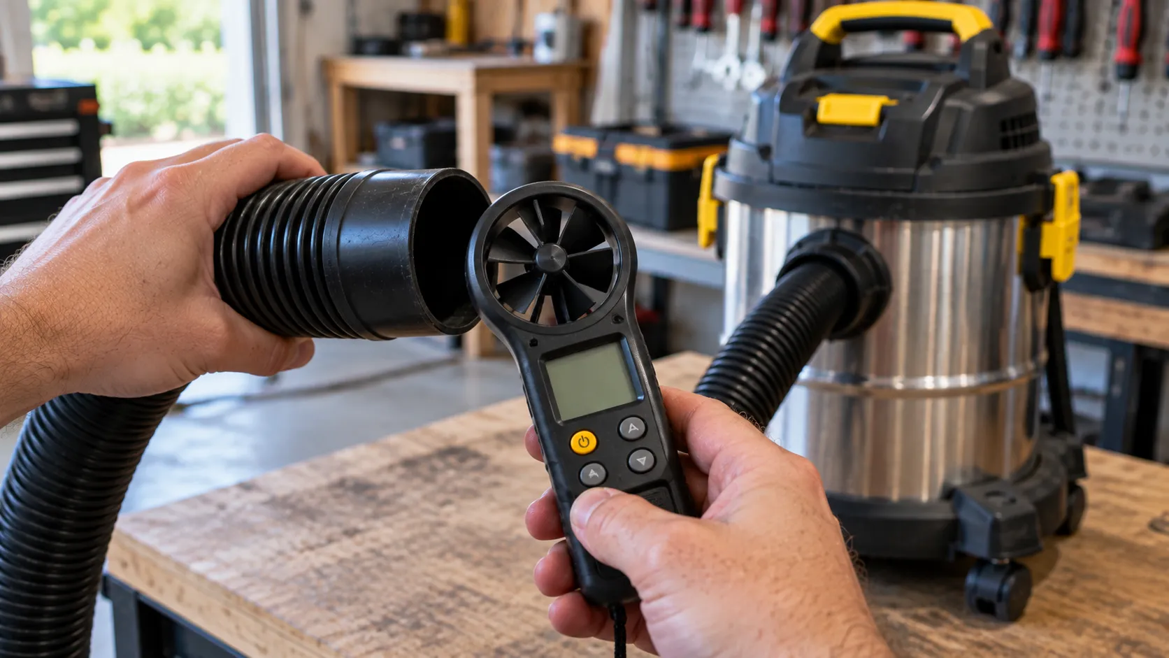 Measuring airflow at a Stanley wet/dry vac hose with an anemometer.
