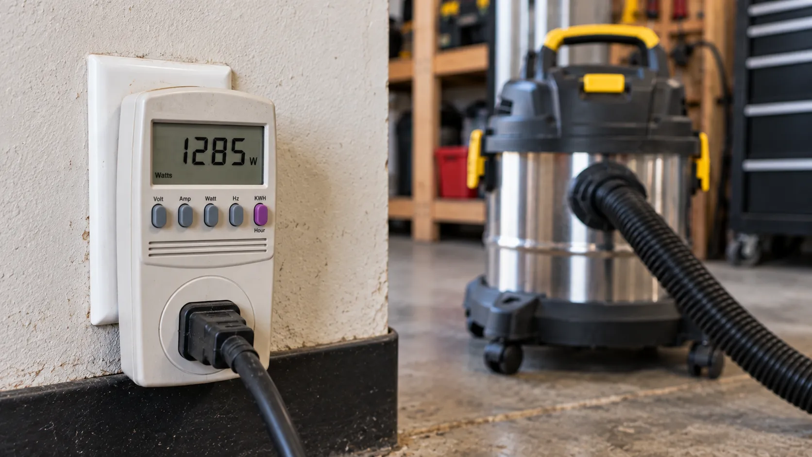 Kill-A-Watt meter reading the real power draw of a Stanley shop vac.