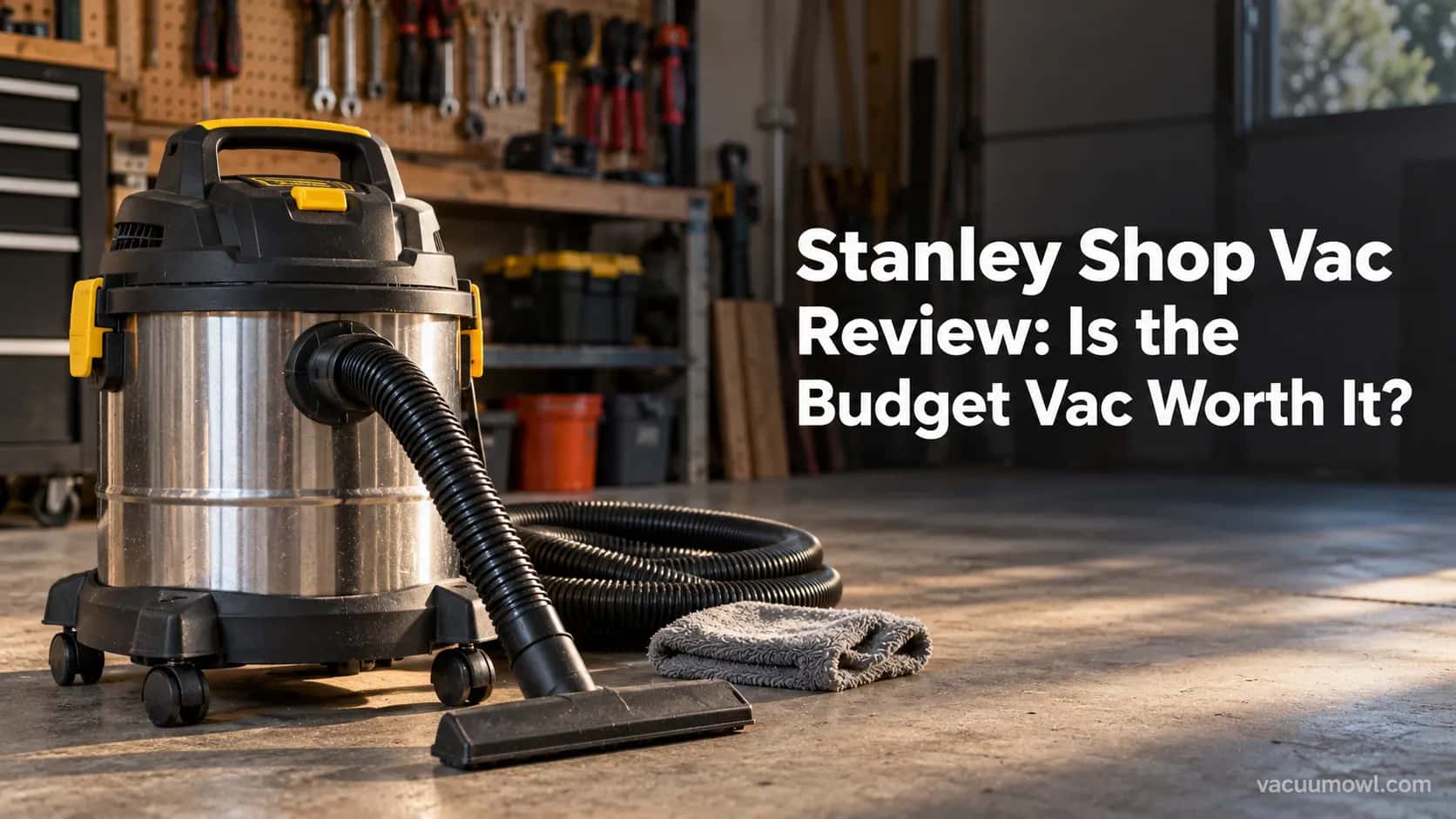 Stanley wet/dry shop vac on a garage floor as a review cover image.