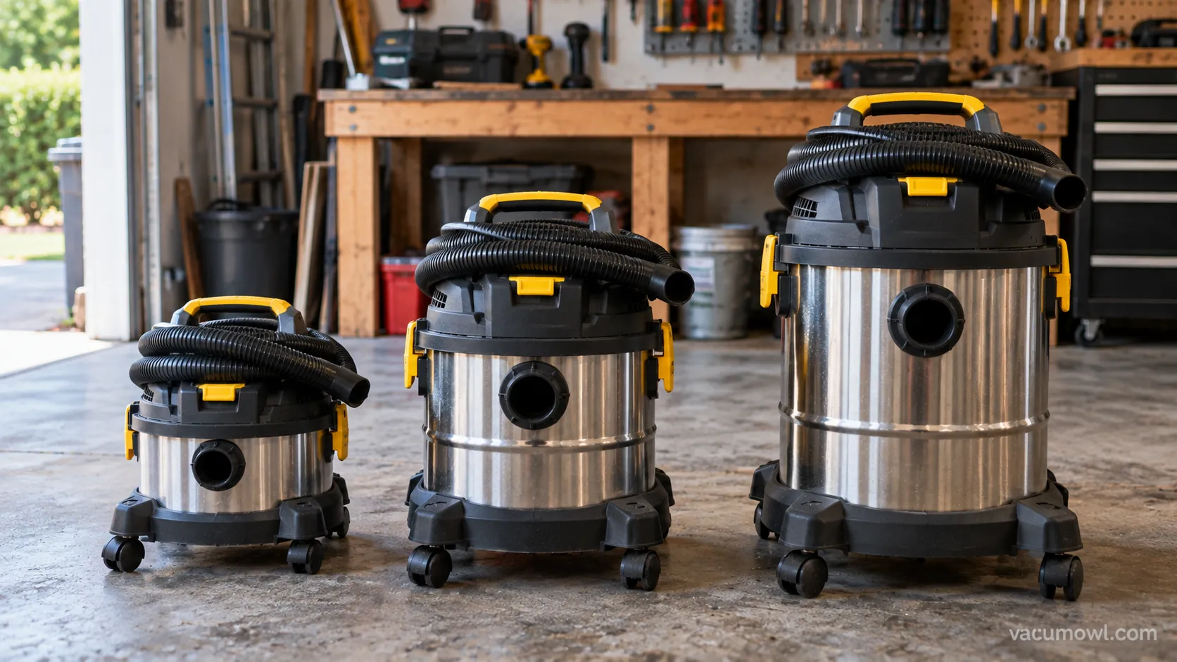 Three Stanley shop vac sizes lined up for testing on a garage floor.