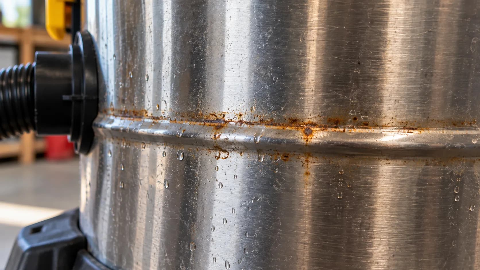 Corrosion staining on a stainless Stanley shop vac seam.