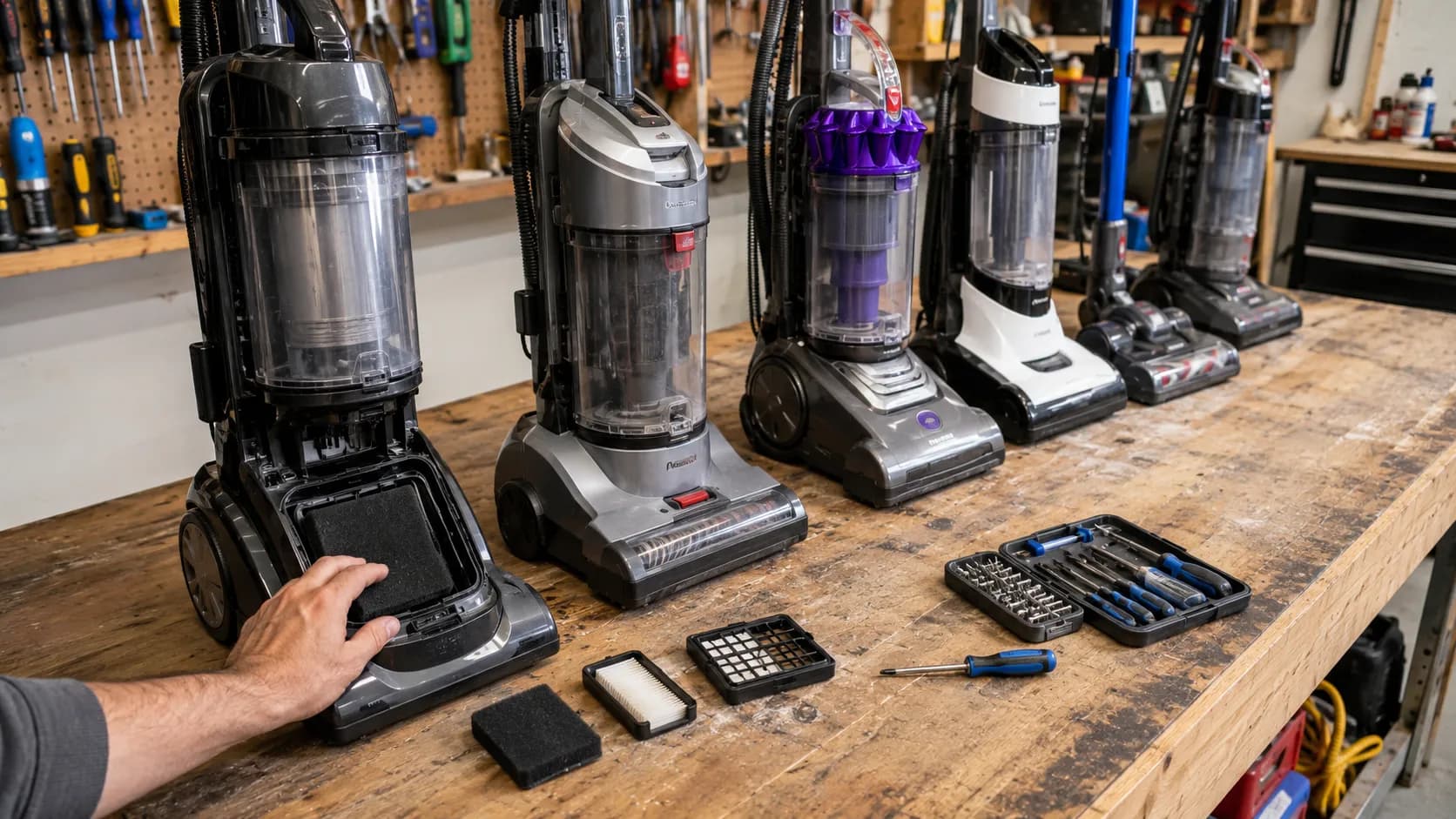 Six vacuums on a workbench during spitting-dirt testing with a hand reseating a filter