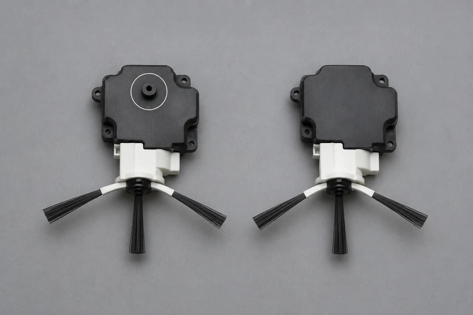 Overhead comparison of third-party and genuine robot vacuum side brush modules, with the raised mounting boss on the third-party part circled to show the chassis interference point.