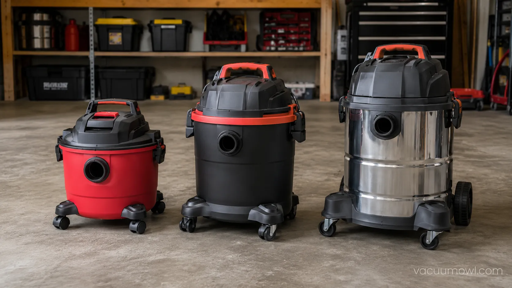 Three assembled shop vacs lined up after a timed setup test on a garage floor.
