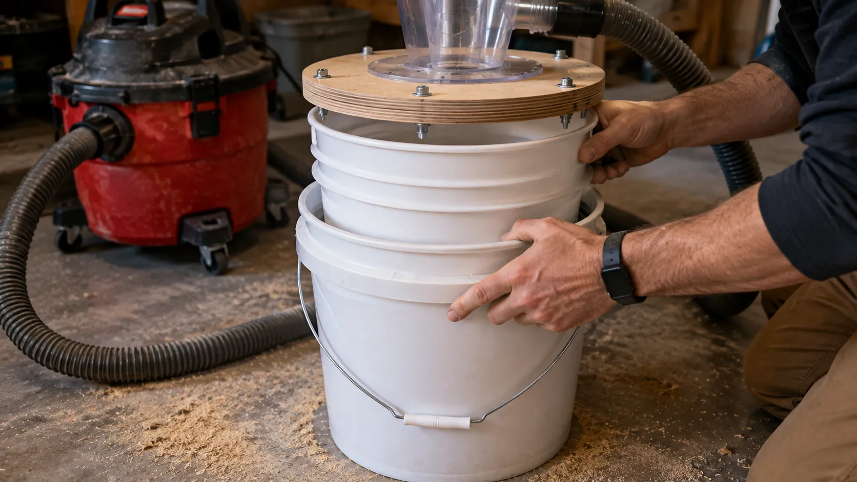 two-bucket trick preventing a cyclone bucket collapsing under shop vac suction.