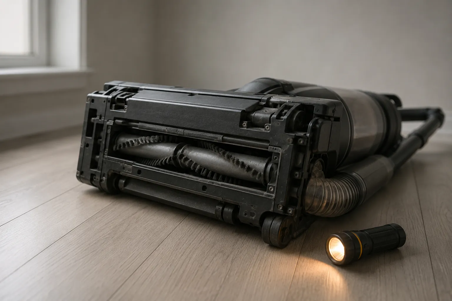 Upright vacuum cleaner lying on its side with the underside, clear hose and brush chamber exposed beside a small flashlight on a hardwood floor.