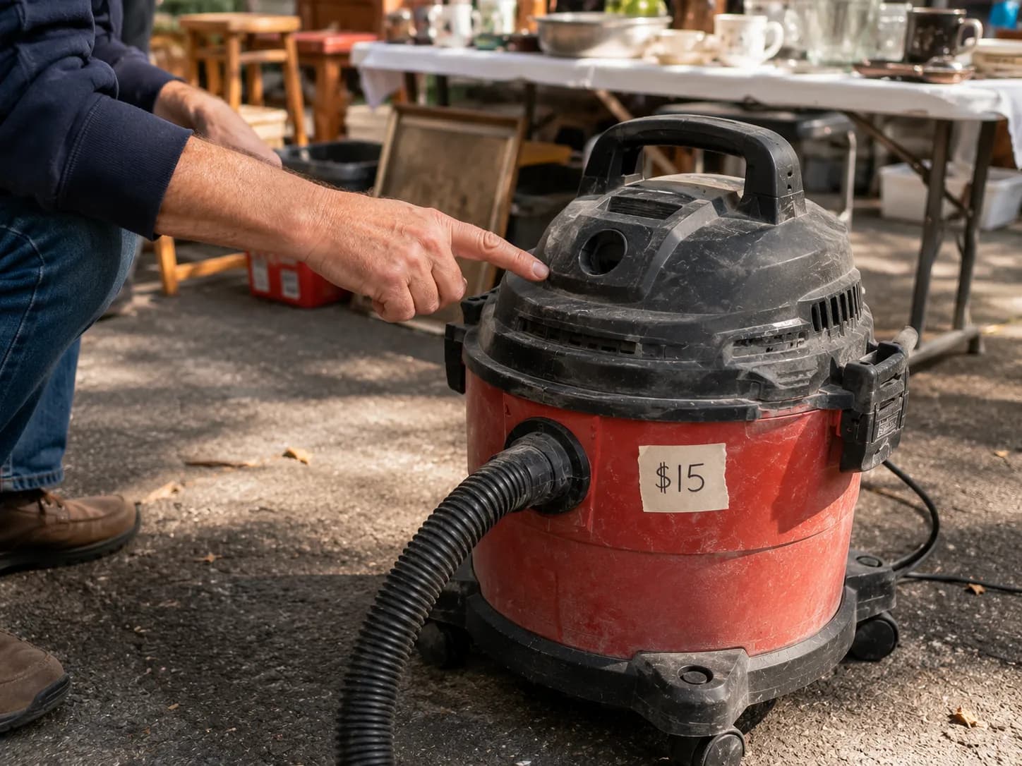 Inspecting a used shop vac for sale before buying at an estate sale
