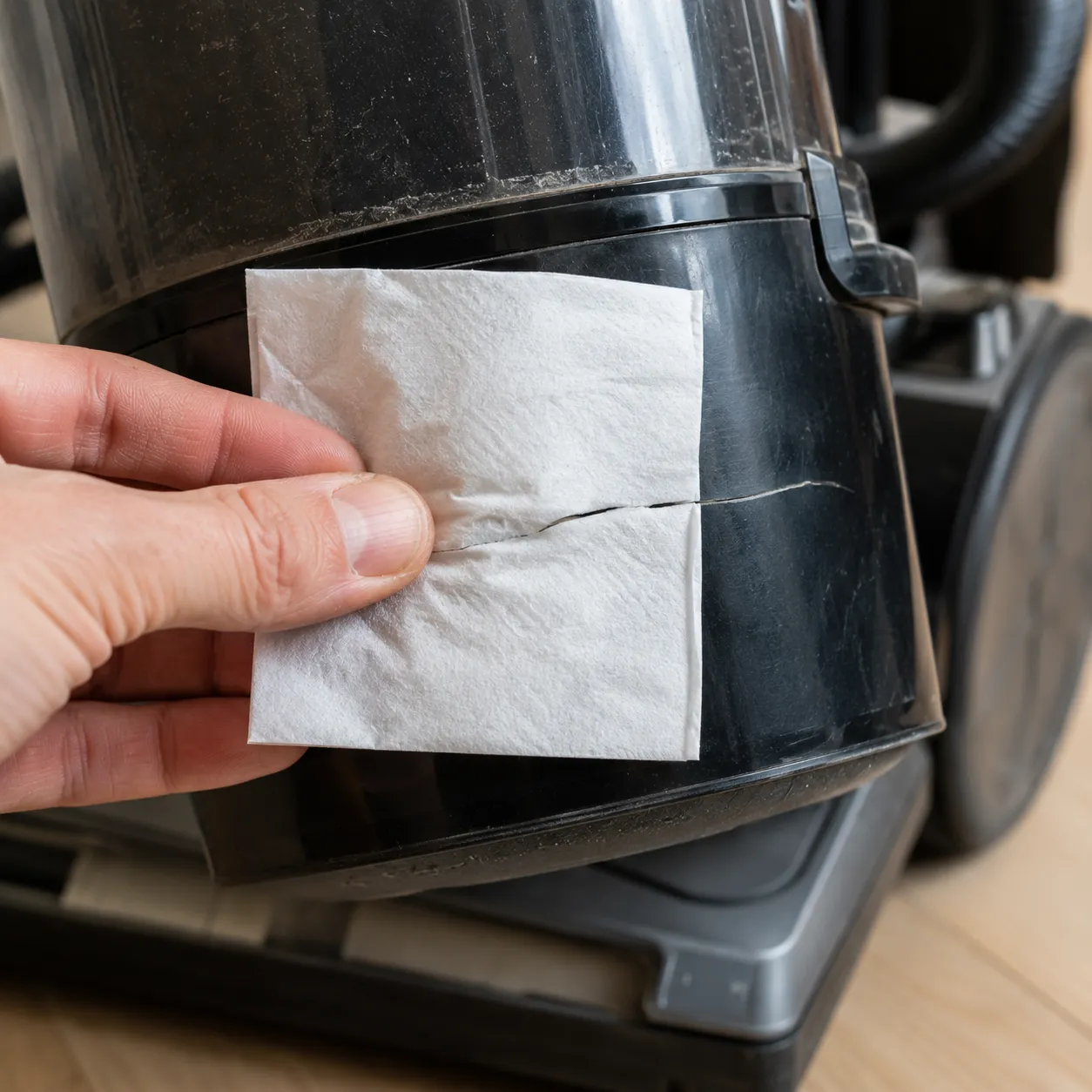 tissue test finding an air leak at a cracked vacuum bin